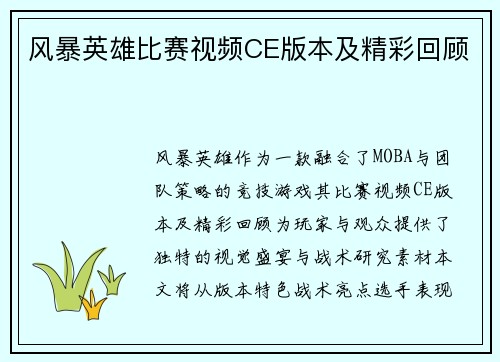 风暴英雄比赛视频CE版本及精彩回顾